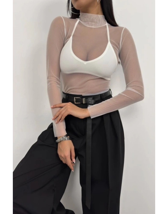 Uzun Kol Boyunlu Tül Bluz