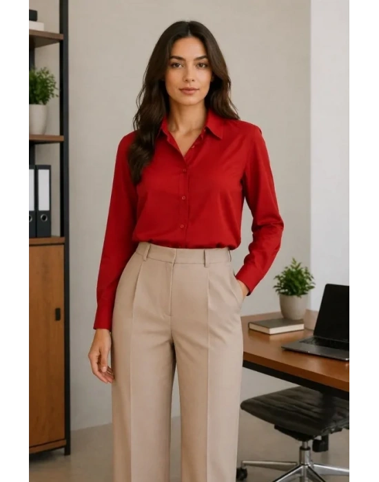 Uzun Kol Gömlek Düğmeli Klasik Yaka Günlük Ve Ofis Şıklığına Uygun  Kırmızı