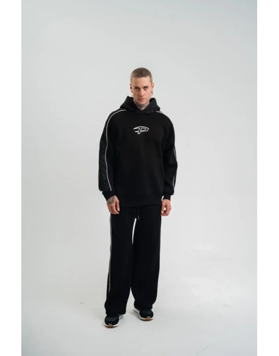 Uzun Kol Kapşonlu Ara Biyeli Baggy Eşofman Takım  iyah