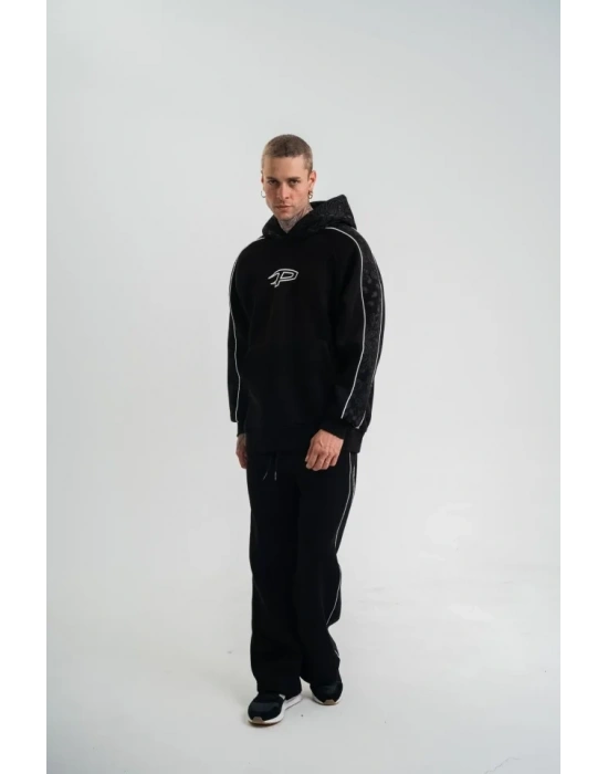 Uzun Kol Kapşonlu Ara Biyeli Baggy Eşofman Takım  iyah