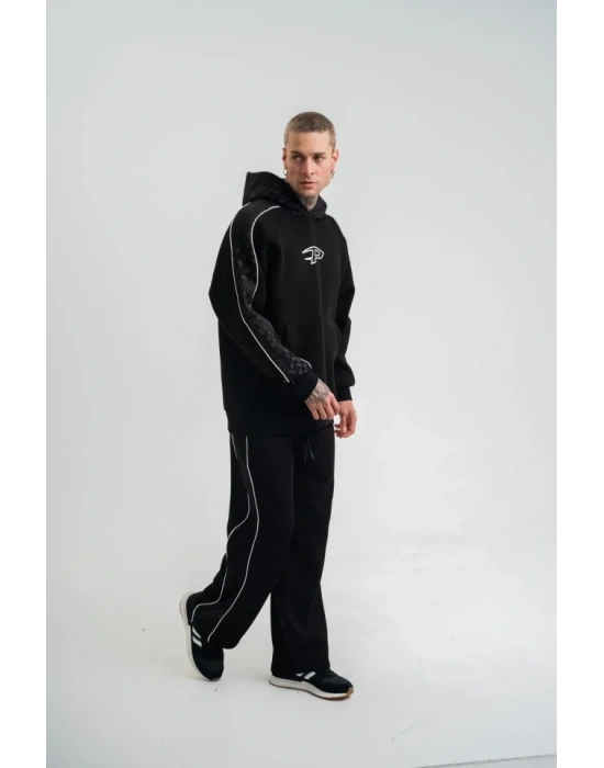 Uzun Kol Kapşonlu Ara Biyeli Baggy Eşofman Takım  iyah