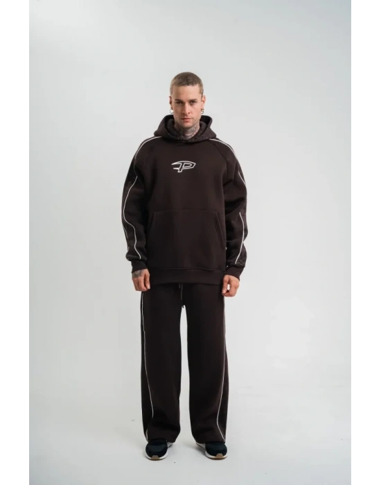 Uzun Kol Kapşonlu Ara Biyeli Baggy Eşofman Takım  Kahve