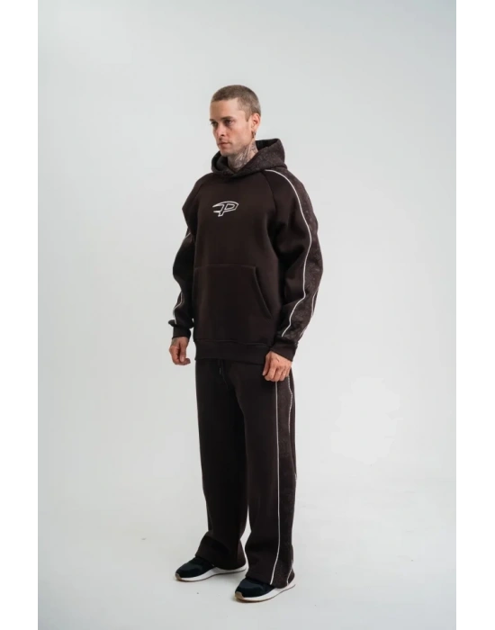 Uzun Kol Kapşonlu Ara Biyeli Baggy Eşofman Takım  Kahve