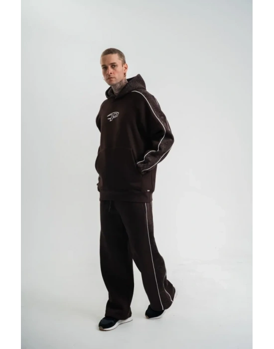 Uzun Kol Kapşonlu Ara Biyeli Baggy Eşofman Takım  Kahve