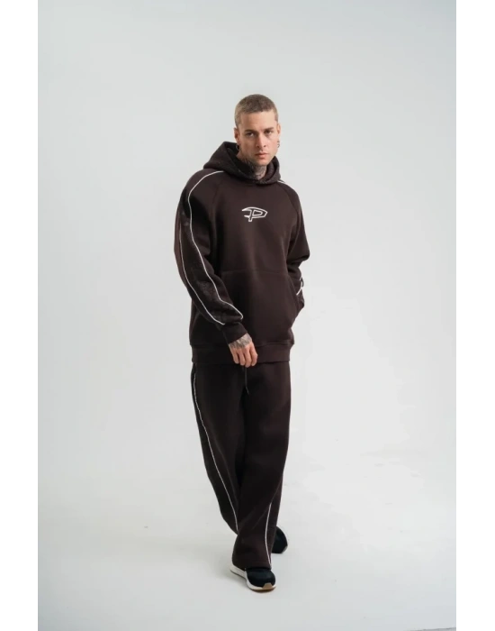 Uzun Kol Kapşonlu Ara Biyeli Baggy Eşofman Takım  Kahve