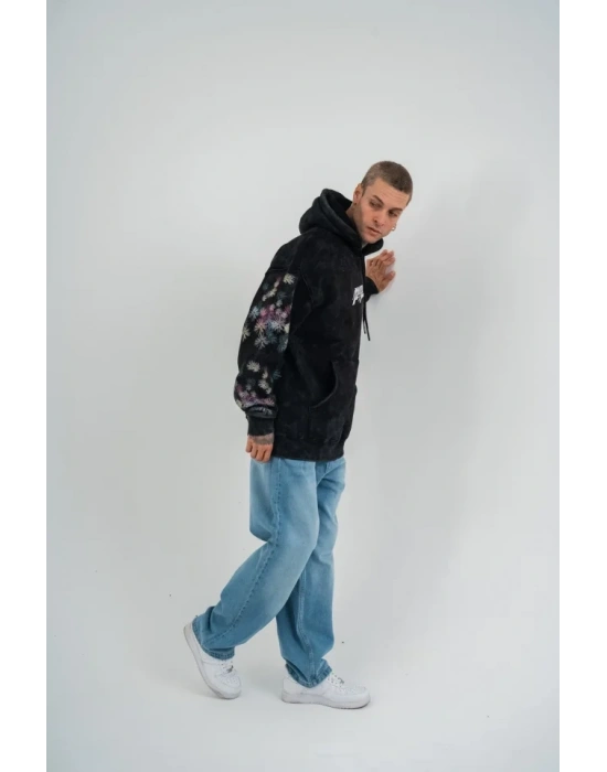 Uzun Kol Kapşonlu Yıkamalı Baskılı weathirt  iyah