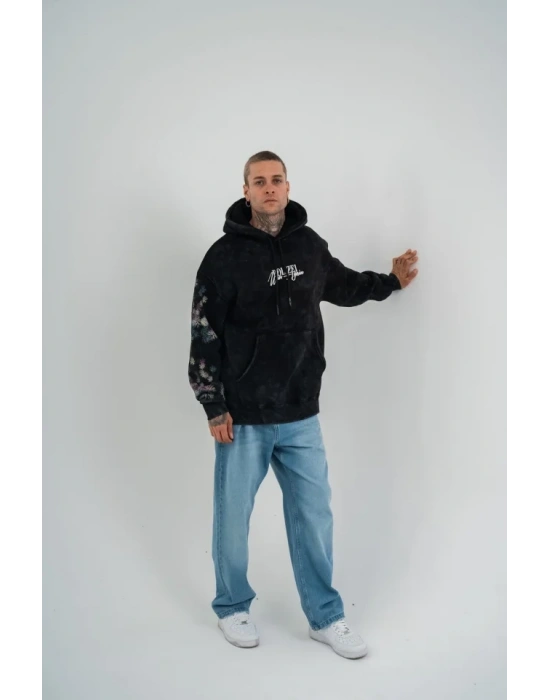 Uzun Kol Kapşonlu Yıkamalı Baskılı weathirt  iyah