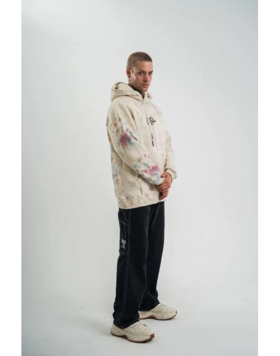 Uzun Kol Kapşonlu Yıkamalı Baskılı weathirt  Krem