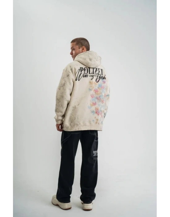 Uzun Kol Kapşonlu Yıkamalı Baskılı weathirt  Krem