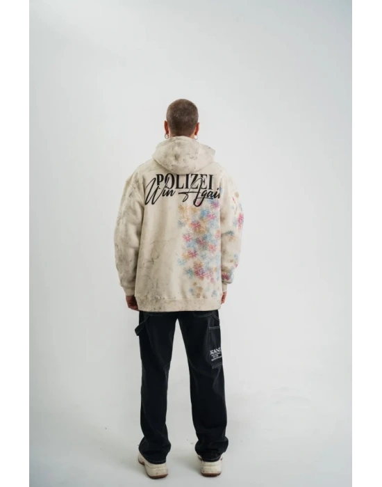 Uzun Kol Kapşonlu Yıkamalı Baskılı weathirt  Krem