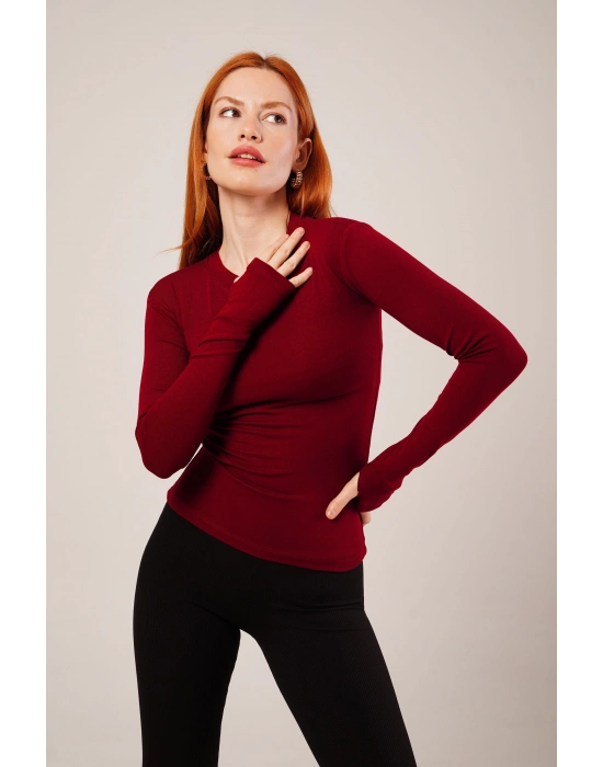 Uzun Kollu Basic Bordo Bluz