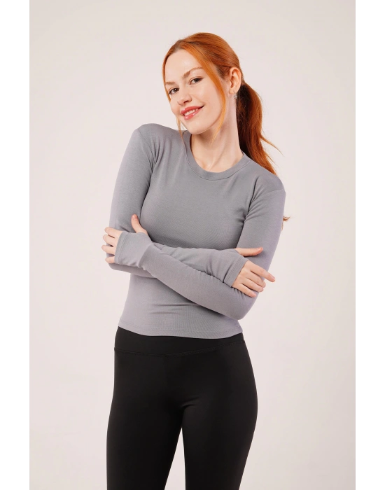 Uzun Kollu Basic Gri Bluz