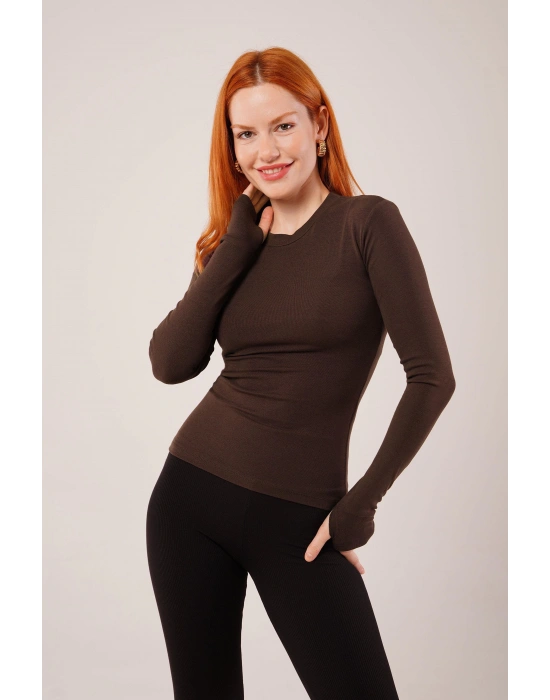 Uzun Kollu Basic Kahverengi Bluz