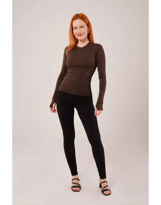 Uzun Kollu Basic Kahverengi Bluz