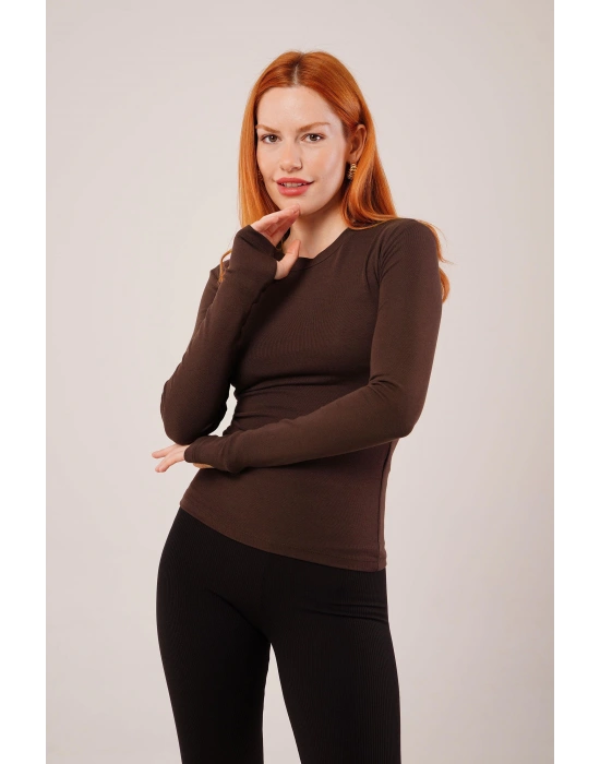 Uzun Kollu Basic Kahverengi Bluz