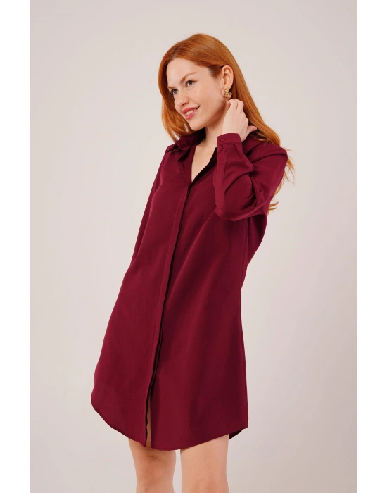 Uzun Kollu Bordo Tunik Gömlek Elbise