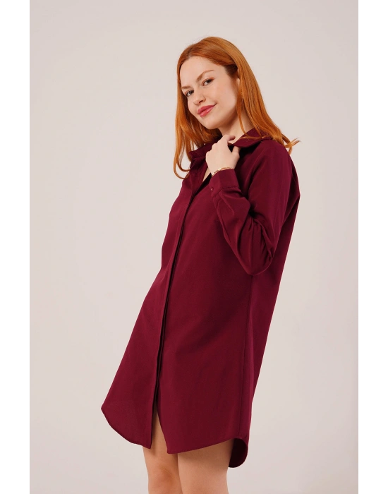 Uzun Kollu Bordo Tunik Gömlek Elbise