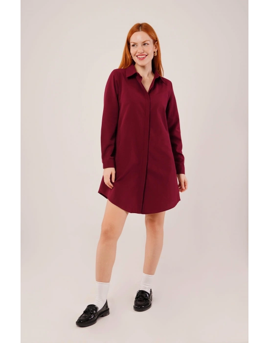 Uzun Kollu Bordo Tunik Gömlek Elbise