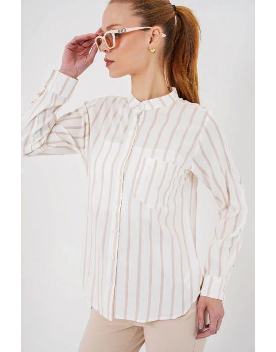 Uzun Kollu Çizgili Gömlek 20283  Bej