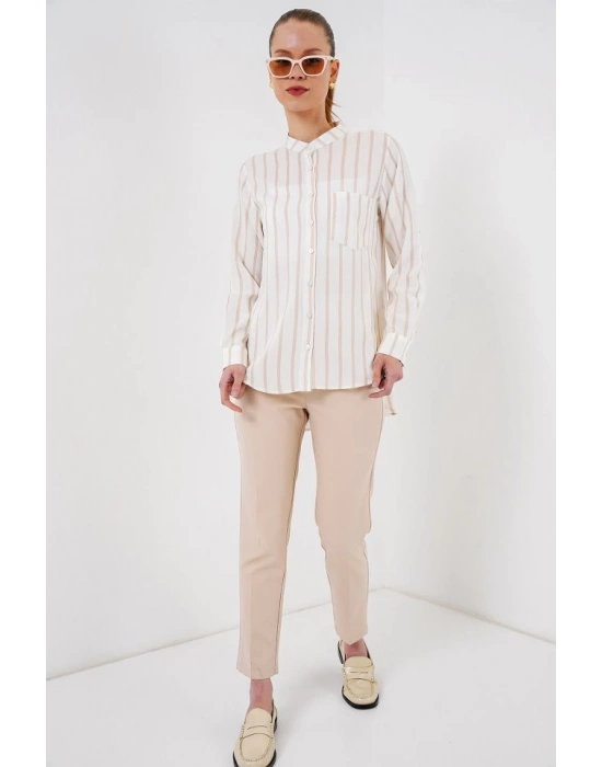 Uzun Kollu Çizgili Gömlek 20283  Bej