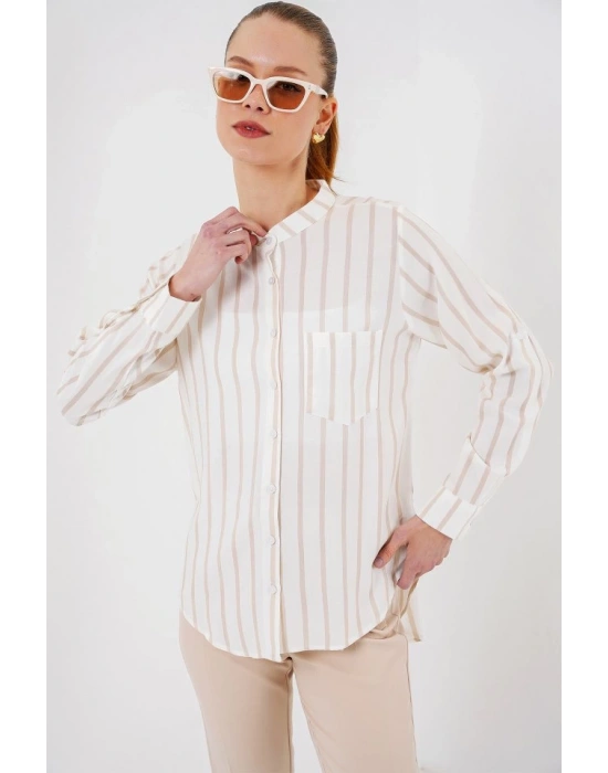 Uzun Kollu Çizgili Gömlek 20283  Bej