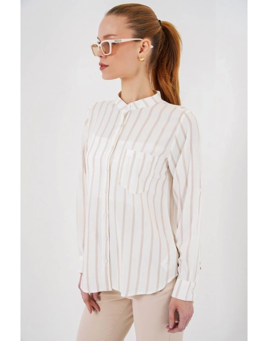Uzun Kollu Çizgili Gömlek 20283  Bej