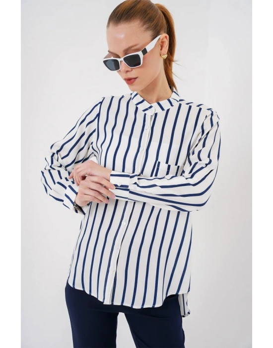 Uzun Kollu Çizgili Gömlek 20283  B.Lacivert