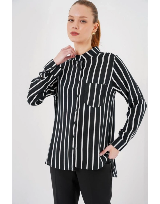 Uzun Kollu Çizgili Gömlek 20283  Siyah