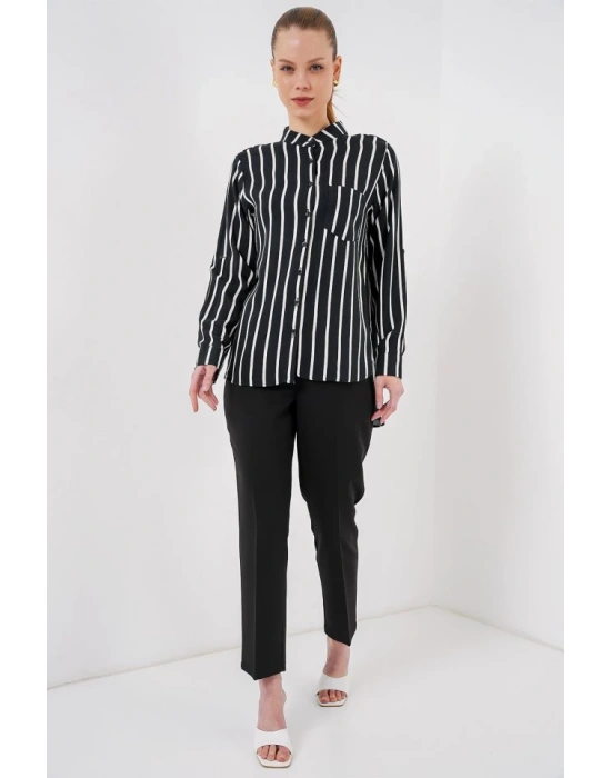 Uzun Kollu Çizgili Gömlek 20283  Siyah