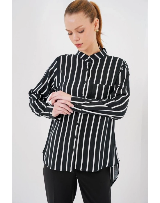 Uzun Kollu Çizgili Gömlek 20283  Siyah