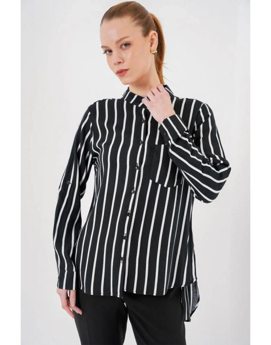 Uzun Kollu Çizgili Gömlek 20283  Siyah