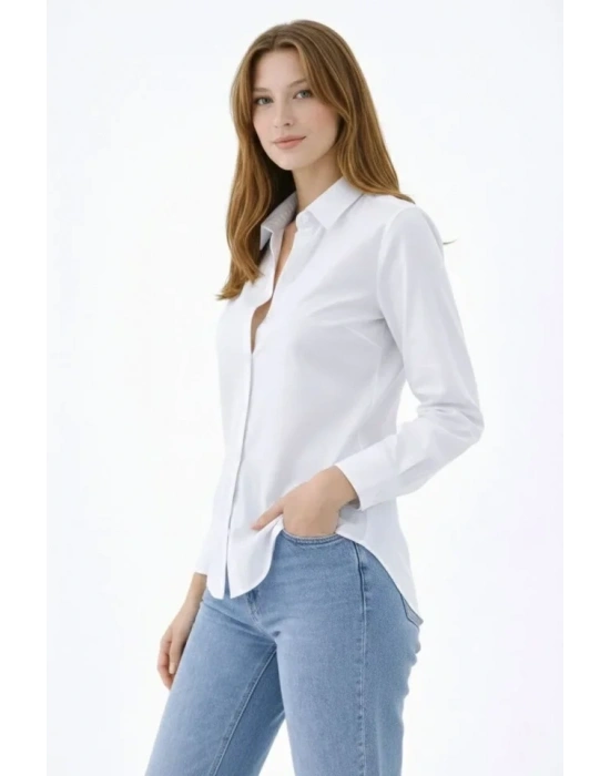 Uzun Kollu Gömlek Düğmeli Klasik Yaka Günlük Ve Ofis Şıklığına Uygun  Beyaz