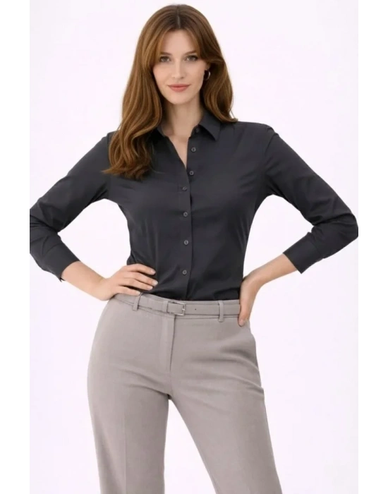 Uzun Kollu Gömlek Düğmeli Klasik Yaka Günlük Ve Ofis Şıklığına Uygun  Füme