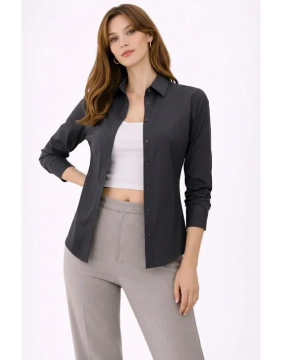 Uzun Kollu Gömlek Düğmeli Klasik Yaka Günlük Ve Ofis Şıklığına Uygun  Füme