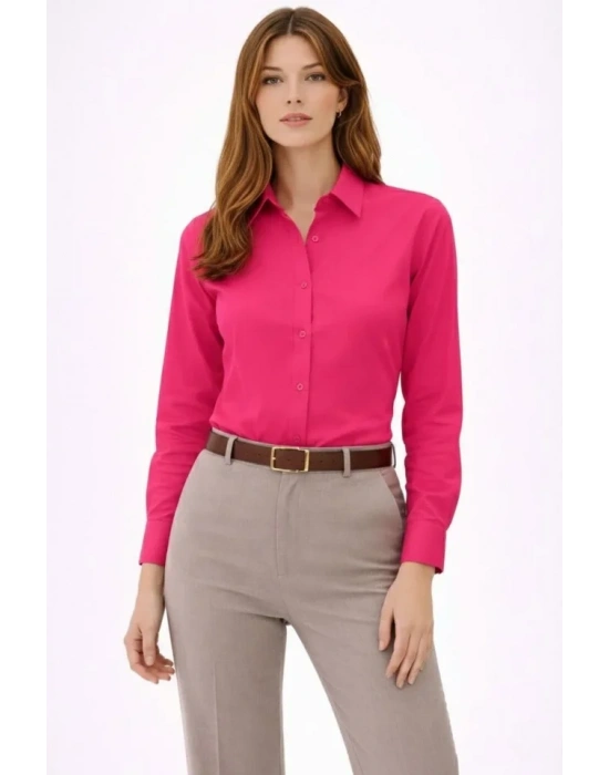 Uzun Kollu Gömlek Düğmeli Klasik Yaka Günlük Ve Ofis Şıklığına Uygun  Fuşya