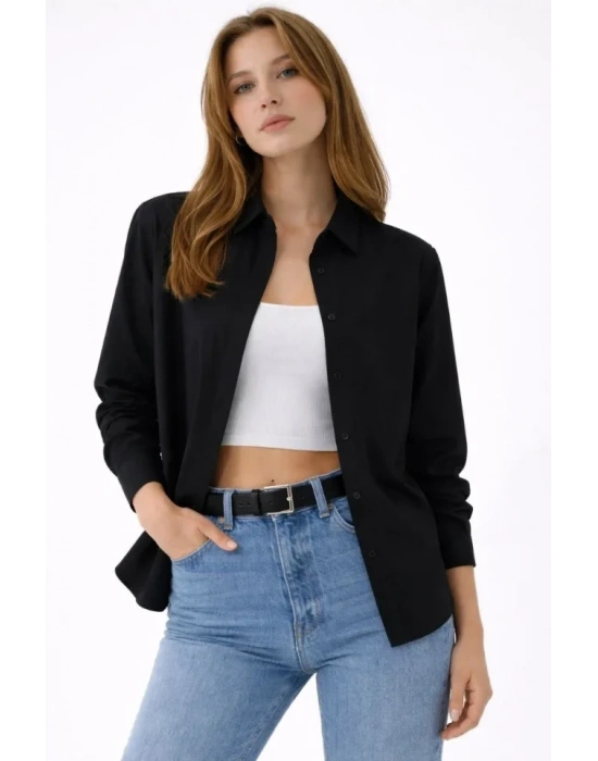 Uzun Kollu Gömlek Düğmeli Klasik Yaka Günlük Ve Ofis Şıklığına Uygun  iyah