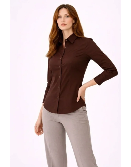 Uzun Kollu Gömlek Düğmeli Klasik Yaka Günlük Ve Ofis Şıklığına Uygun  Kahverengi