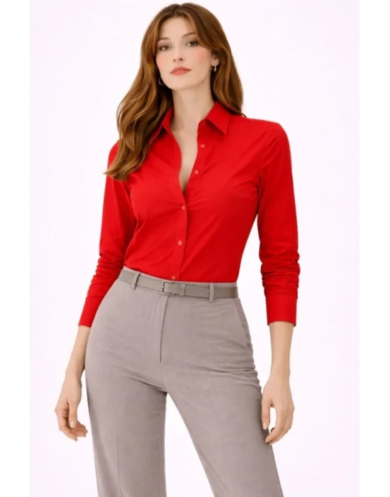 Uzun Kollu Gömlek Düğmeli Klasik Yaka Günlük Ve Ofis Şıklığına Uygun  Kırmızı