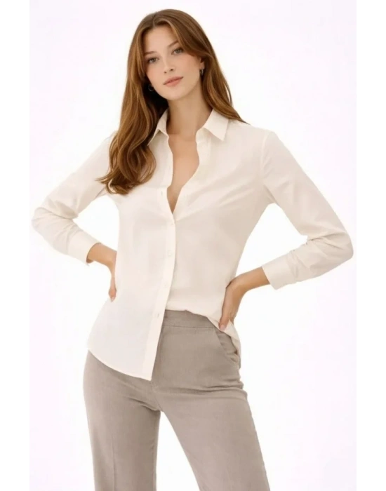 Uzun Kollu Gömlek Düğmeli Klasik Yaka Günlük Ve Ofis Şıklığına Uygun  Krem