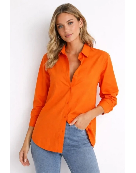 Uzun Kollu Gömlek Düğmeli Klasik Yaka Günlük Ve Ofis Şıklığına Uygun  Turuncu