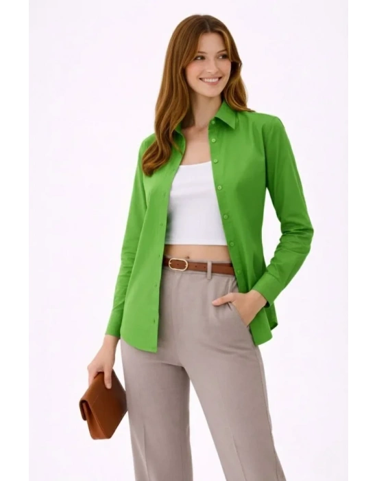 Uzun Kollu Gömlek Düğmeli Klasik Yaka Günlük Ve Ofis Şıklığına Uygun  Yeşil