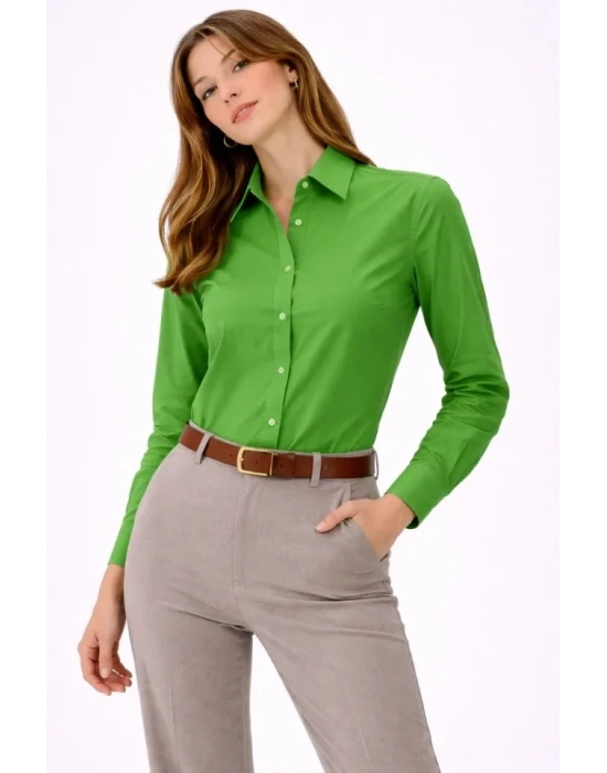 Uzun Kollu Gömlek Düğmeli Klasik Yaka Günlük Ve Ofis Şıklığına Uygun  Yeşil