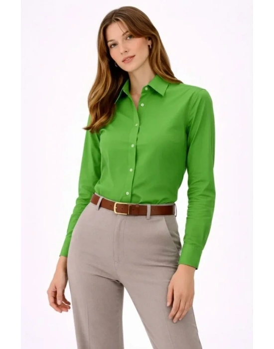 Uzun Kollu Gömlek Düğmeli Klasik Yaka Günlük Ve Ofis Şıklığına Uygun  Yeşil