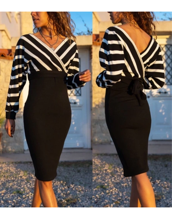 Uzun Kollu Kruvaze Yaka çizgi Desenli Kısa Triko Elbise