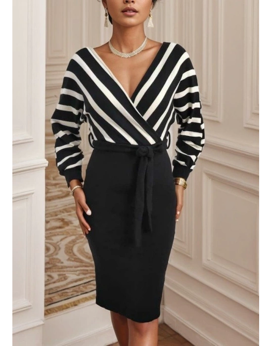 Uzun Kollu Kruvaze Yaka çizgi Desenli Kısa Triko Elbise