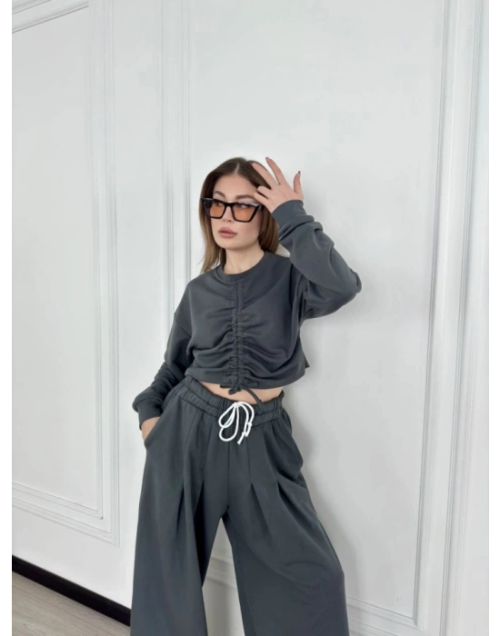 Uzun Kollu Önü İp Büzgülü Crop Ve Pantolon İkili Takım  Antrasit