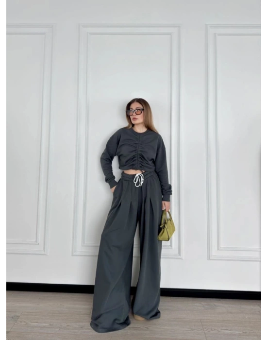 Uzun Kollu Önü İp Büzgülü Crop Ve Pantolon İkili Takım  Antrasit