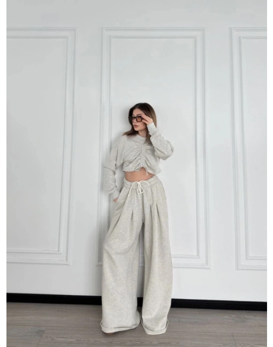 Uzun Kollu Önü İp Büzgülü  Crop Ve Pantolon İkili Takım  Gri