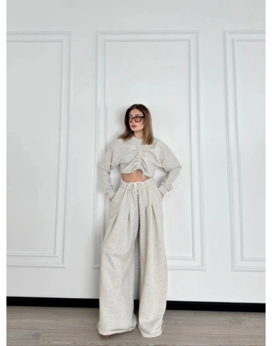 Uzun Kollu Önü İp Büzgülü  Crop Ve Pantolon İkili Takım  Gri