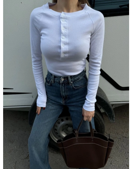 Uzun Patlı 6 Düğme Detaylı Uzun Kollu Crop Badi  Beyaz